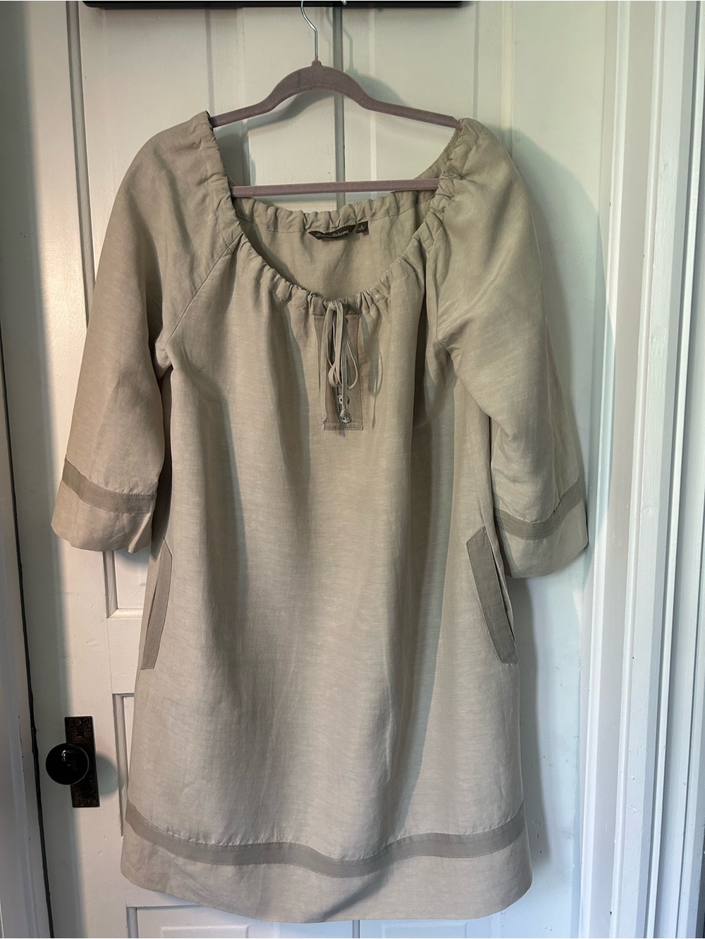 Tommy Bahama Light Beige Linen-Silk Blend Peasant Dress with Tie Neck